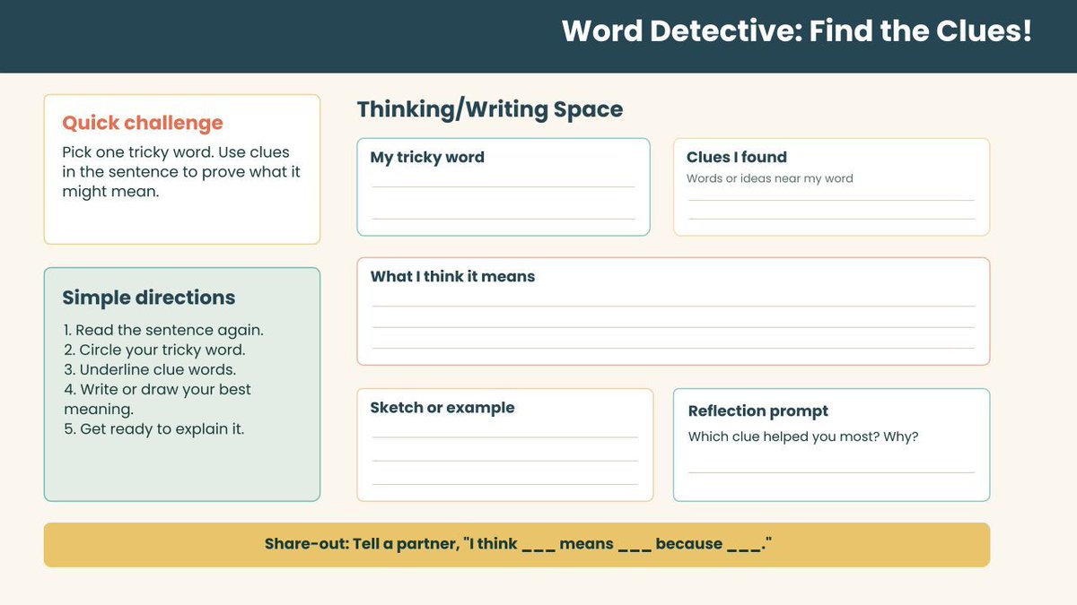 mrshowell24's tweet photo. Use Word Detective: Find the Clues! to help students infer meaning from context and evidence. A focused routine for building vocabulary, comprehension, and discussion. Watch: https://t.co/ma95entP6f https://t.co/d6ftsjowR6