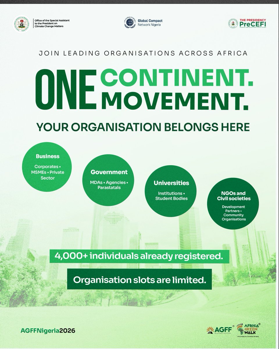 agfforum's tweet photo. Become an:
Official Organisation Partner
Climate Action Partner

Lead. Be Seen. Make History.

📧 partnerships@agff.africa

#AfricaGreenWalk #ClimateAction #Sustainability #ESG #SDGs #CorporateLeadership #GreenBusiness #Africa #WorldRecordAttempt https://t.co/pyg6v49f8l