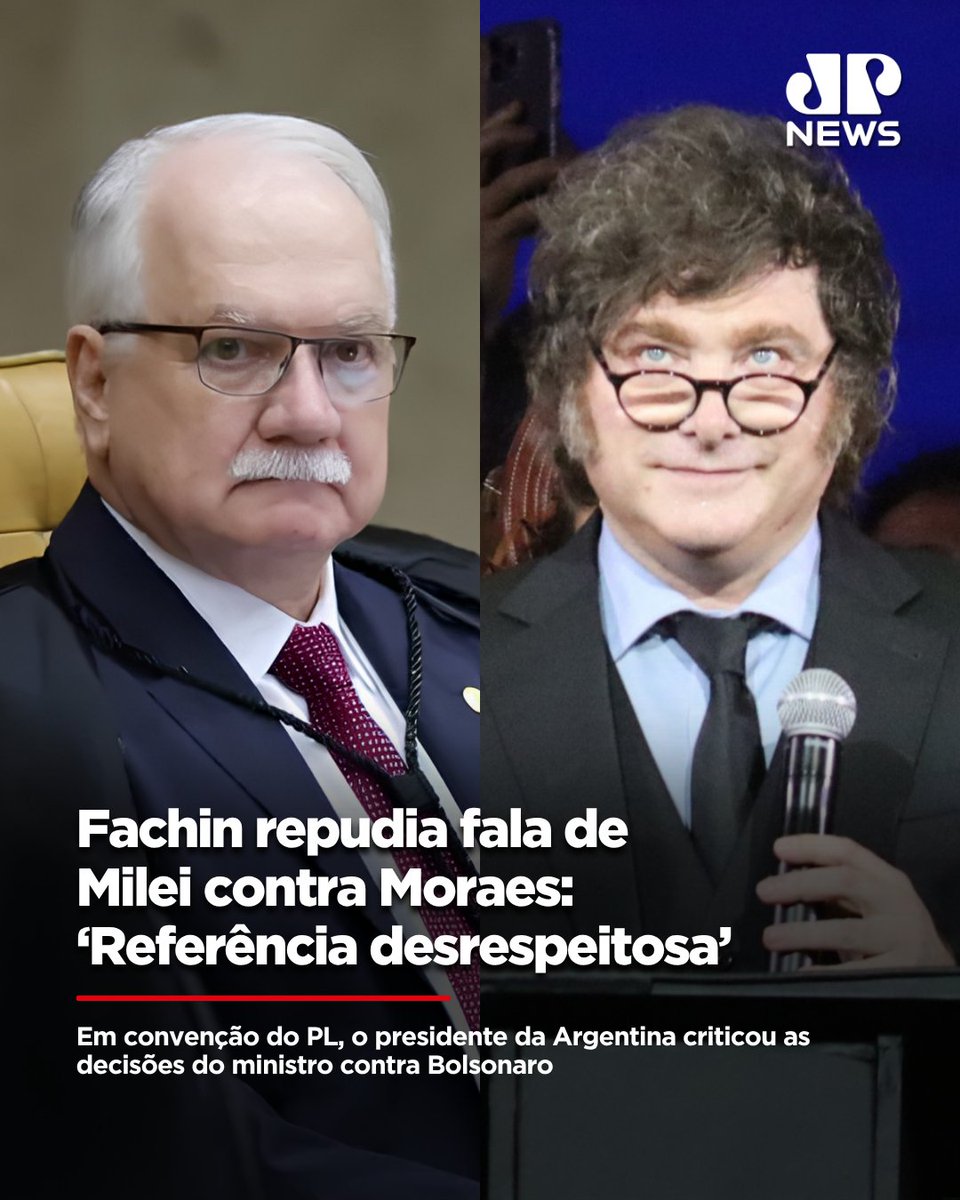 JovemPanNews's tweet photo. O presidente do Supremo Tribunal Federal (STF), Edson Fachin, repudiou neste sábado (25) as declarações do líder argentino, Javier Milei, sobre as decisões contra o ex-presidente Jair Bolsonaro, classificando como "desrespeitosa" a referência feita ao ministro Alexandre de Moraes. Em nota divulgada após discursos de Milei em evento do Partido Liberal (PL) em São Paulo, Fachin afirmou que a Presidência da Corte deplora manifestações incompatíveis com a civilidade que deve caracterizar as relações entre os Estados e reafirmou a plena autonomia do Judiciário brasileiro.

🔗 Leia a matéria completa em: https://t.co/5eLOkw2cls
📺 Confira na JP News e Panflix
📌 Siga o nosso perfil @jovempannews

#STF #EdsonFachin #JavierMilei #Politica #JovemPanNews