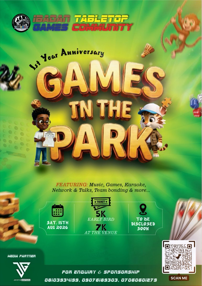 Ibtabletopgamez's tweet photo. What if your next favorite memory starts with a game? 🌳🎲
This August, we're taking the fun outdoors!
Games in the Park is more than an event—it's a chance to laugh, compete, connect, &amp; meet amazing people in a relaxed &amp; exciting atmosphere.
#GamesInThePark #IbadanTabletopGames https://t.co/Er9uEfBWYz