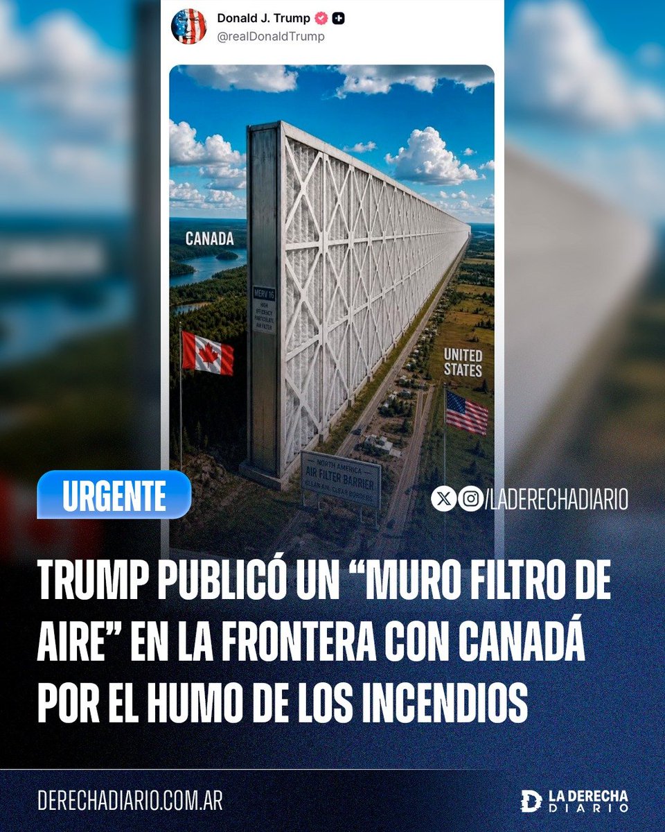 laderechadiario's tweet photo. 🚨🇺🇸🇨🇦 | BASADO: Trump publicó un “muro filtro de aire” en la frontera entre Estados Unidos y Canadá, en medio de las crecientes tensiones por el humo de los incendios forestales canadienses. https://t.co/ngQlPb6vNf
