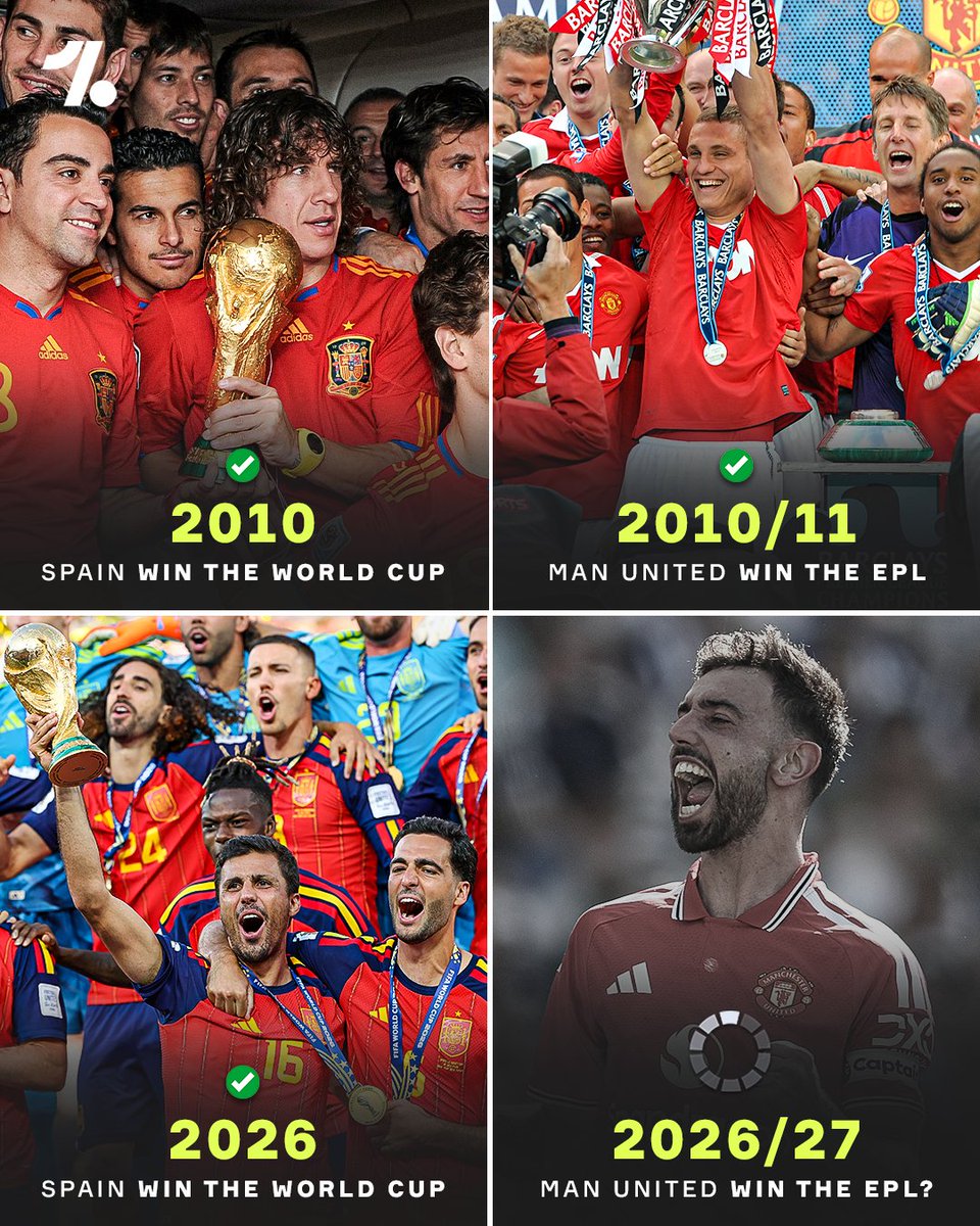 OneFootball's tweet photo. Prior to 2026, the last time Spain won the World Cup, back in 2010, Man United went on to win the Premier League...😏🏆

United will be hoping history repeats itself in 2026/27 🔴 👀 https://t.co/MIK3zVsQU5