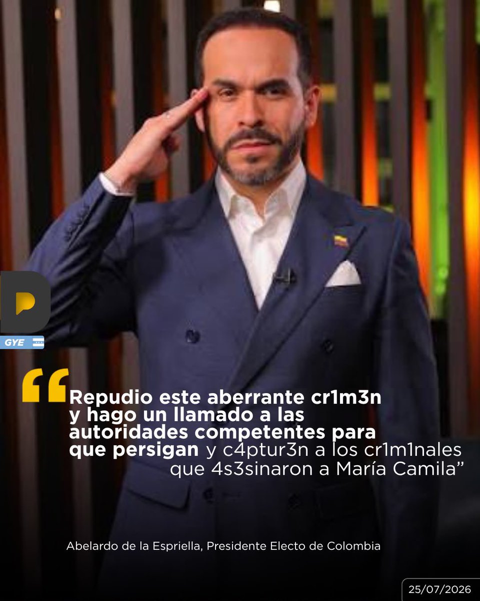LaPosta_Ecu's tweet photo. “Se metieron con todos los colombianos"
Abelardo De la Espriella se pronunció sobre el brutal asesinato de María Camila, joven embarazada hallada sin vida en Cali. El presidente electo prometió que, desde el 7 de agosto, proteger a las mujeres será política de Estado y advirtió que "nunca más estos bandidos tendrán tranquilidad e impunidad".