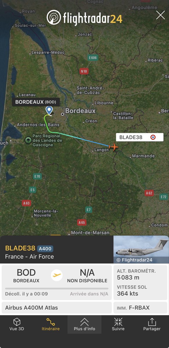Th__Cuq's tweet photo. L’A400M F-RBAX #BLADE38 qui s’était posé à Bordeaux après son deuxième largage de la journée, rentre à Istres. https://t.co/BLFR3T1zH8