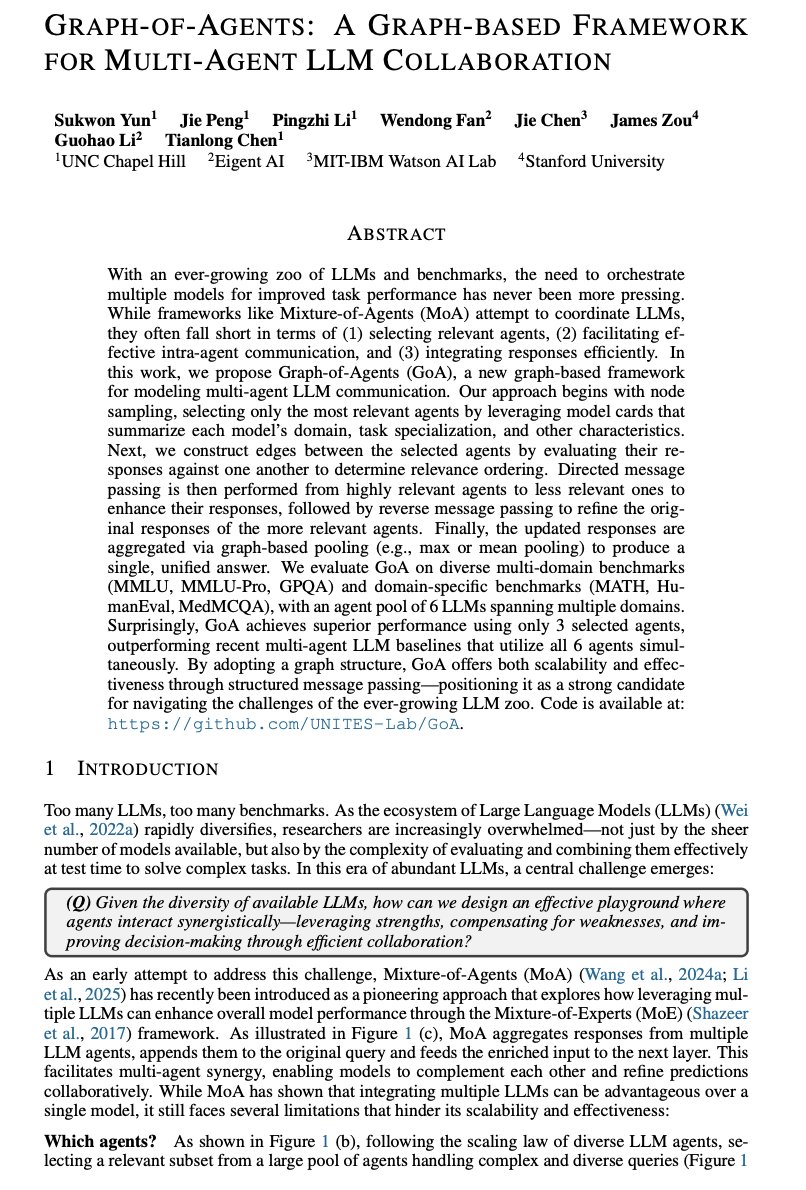 zostaff's tweet photo. This paper completely changed how I think about multi-agent systems:

Sample nodes -> Build edges -> Pass forward -> Refine backward -> Pool

Here is the 5-step blueprint:

Sample nodes: From a large LLM pool only relevant agents are picked via model cards, short summaries of each model's domain and specialization.

Build edges: Edges are drawn between selected agents by scoring their responses against one another, setting a relevance ordering.

Pass forward: Directed message passing runs from highly relevant agents to less relevant ones, lifting the weaker responses.

Refine backward: A reverse pass refines responses the other way, closing the exchange inside the graph.

Pool: The updated responses are aggregated through graph pooling, max or mean, into a single final answer.

The key insight: Wiring in every agent hurts, Mixture-of-Agents drags the whole pool and drowns in intra-layer overhead, while a graph structure buys scalability.

GoA with 3 selected agents beat baselines that burned all 6 at once across MMLU, MMLU-Pro, GPQA, MATH, HumanEval, and MedMCQA.

Read this, then check the article below.