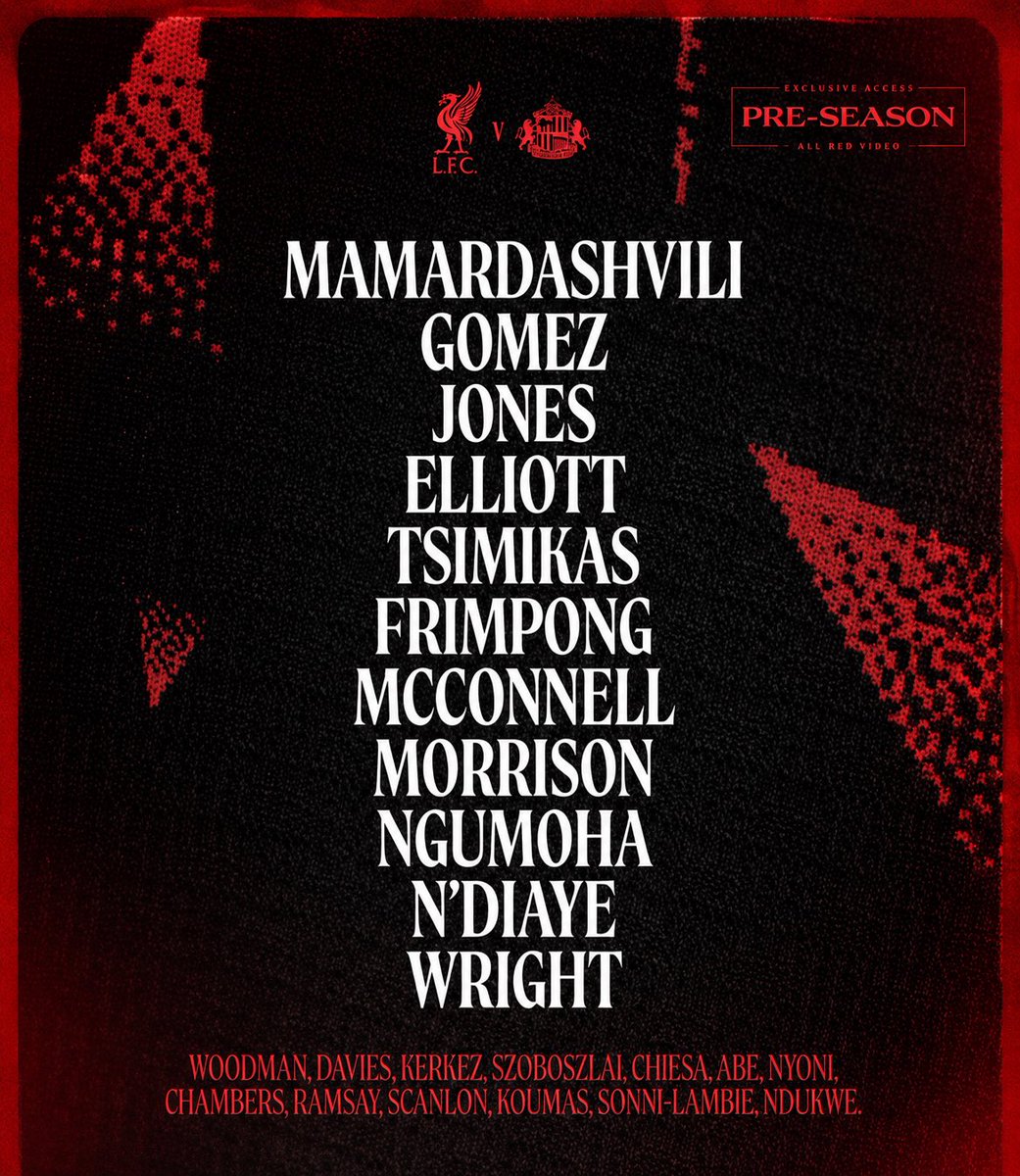Sp4xRed's tweet photo. 🚨 Liverpool’s Starting XI is out! 
A great opportunity for several young talents to impress in pre-season, including Rio Ngumoha. 
Thoughts on the lineup, Reds? 👀👇
#LFC #Liverpool #LiverpoolFC #YNWA #StartingXI #MatchDay #PreSeason #LiverpoolVsSunderland #Anfield https://t.co/AVxmRFFBO4