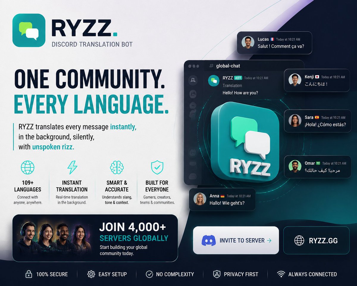 Ryzzofficial34's tweet photo. RYZZ helps Discord communities communicate beyond language barriers with instant translation, smart context understanding, and seamless conversations.

Connect gamers, creators &amp; teams worldwide.

🌐 https://t.co/prPIHYgOXt
💬 https://t.co/OKQLMSxBhV
#ai #DiscordBot #Translation https://t.co/asJMnXczuq