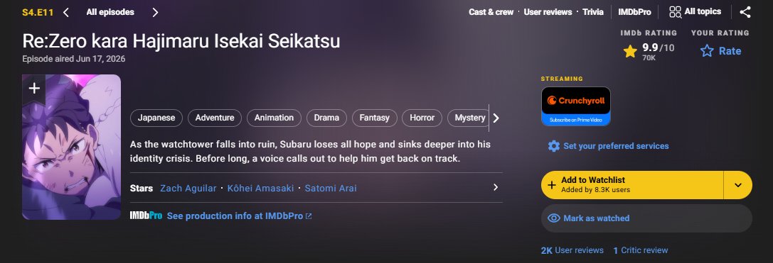 buba1189720's tweet photo. Re:zero Season 4 episode 11 has officially reached 70,000 ratings on IMDB.
#ReZero https://t.co/nD5mJWoEER