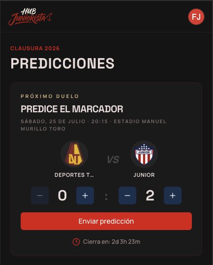 HubJuniorista's tweet photo. ⏳ Últimas horas para predecir Tolima vs @JuniorClubSA 
Se cierra al pitazo inicial: 8:15 p.m.
Marcador exacto = punto extra, y la tabla de la temporada tiene premio al final 🏆
👉 https://t.co/3GpuQqAqO1
#JuniorDeBarranquilla #VamosJunior https://t.co/KkVz1cDikR