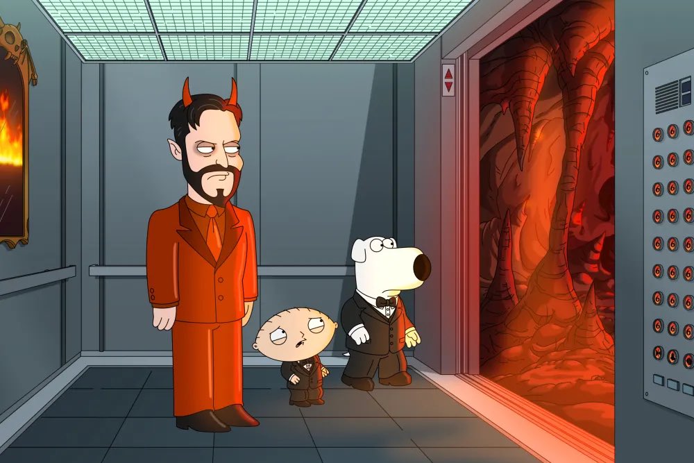 DiscussingFilm's tweet photo. First look at the ‘FAMILY GUY’ Halloween special, starring Kieran Culkin as The Devil.

The special follows Brian and Stewie as they find themselves in hell — paying for 24 seasons’ worth of bad behavior. https://t.co/wjlayX0k3U