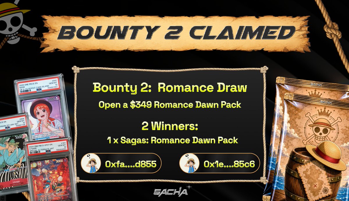 gacha_game_'s tweet photo. 🏆 BOUNTY 2: ROMANCE DRAW 🏆

Congrats to these two wallets who ripped during week 2 of the Grand Cup  

You both get to claim a $349 Romance Dawn Pack 

Thanks again to everyone ripping with us this week

One more week of Grand Cup prizes to go
Are you ready? https://t.co/Xz3vlsHKj3