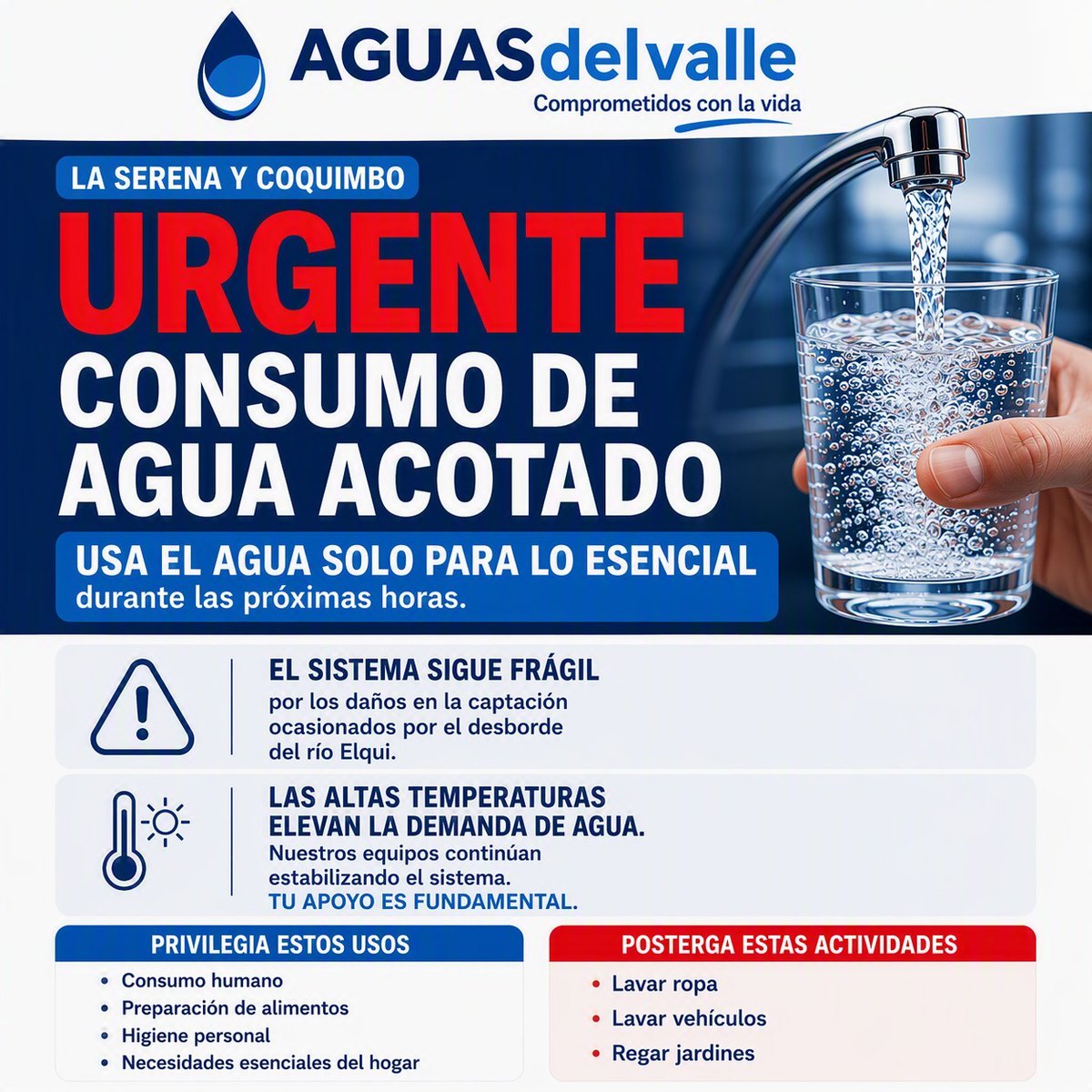 aguasdelvalle's tweet photo. 🚨 CONSUMO DE AGUA ACOTADO

Nuestros equipos continúan realizando un gran esfuerzo para estabilizar el sistema.

✅ solo para
 • Consumo humano
 • Preparación de alimentos
 • Higiene personal
 • Necesidades esenciales del

⛔ Postergar:
• Lavado de ropa y vehículos
• Riego https://t.co/aDCB6UBcyh