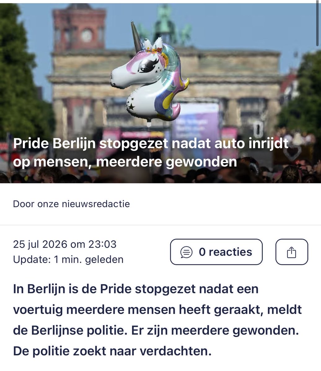 TheFirstTM's tweet photo. MAN RIJDT IN OP MENIGTE TIJDENS PRIDE BERLIJN.

Bij de Pride in Berlijn is rond 22:00 uur een witte bestelwagen met hoge snelheid ingereden op een mensenmenigte bij het park Tiergarten. Er is een intensieve zoektocht gaande naar mogelijke verdachten; getuigen melden dat één man na de aanrijding te voet is gevlucht. 

Het is al erg genoeg….. maar ik ben bang dat ik niet verbaasd zal zijn wanneer de dader is gepakt.
