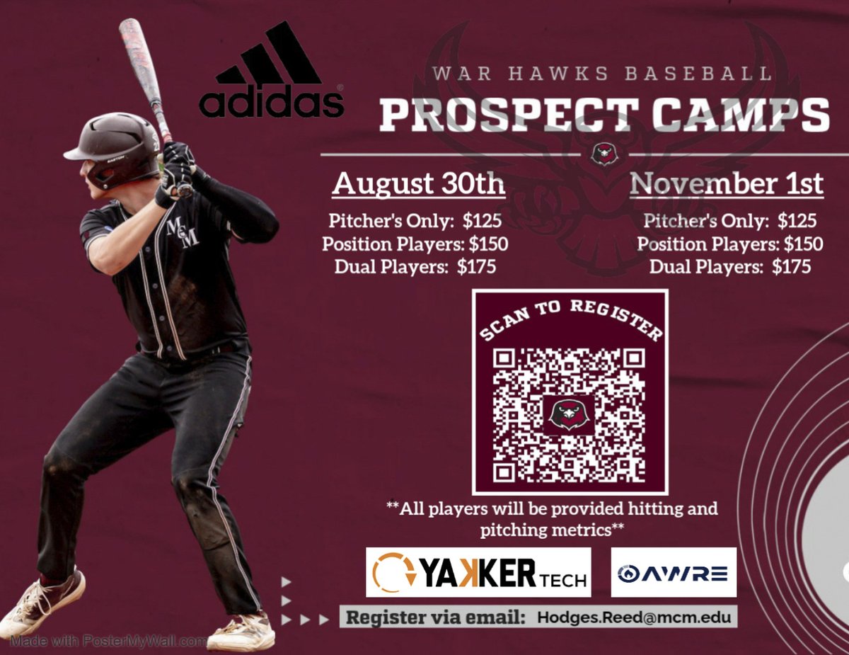 McMurryBaseball's tweet photo. REGISTRATION IS OPEN!!!
 
⚾️**ELITE FALL PROSPECT CAMPS** ⚾️

SUNDAY, AUGUST 30th
- or-
SUNDAY, NOVEMBER 1st
     
📷@Yakkertech data will be provided.
🏟️Walt Driggers Field
  
Scan the QR code or Email Coach Hodges to register: hodges.reed@mcm.edu https://t.co/vq8NgVO6AC