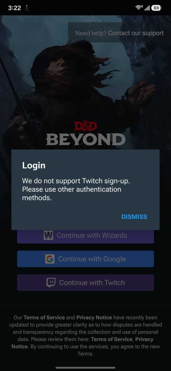 conar1786831's tweet photo. @Wizards_DnD what it this? The option to login with twitch is there, but apparently it isn't supported? https://t.co/VwFK2W7fJ3