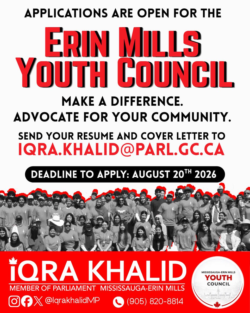 iamIqraKhalid's tweet photo. If you are an enthusiastic young Canadian who wants to make a difference in your community, and in shaping the future of our country, apply to join the Mississauga-Erin Mills Youth Council!
Send your resume and cover letter to iqra.khalid@parl.gc.ca.
Applications will close on August 20th.