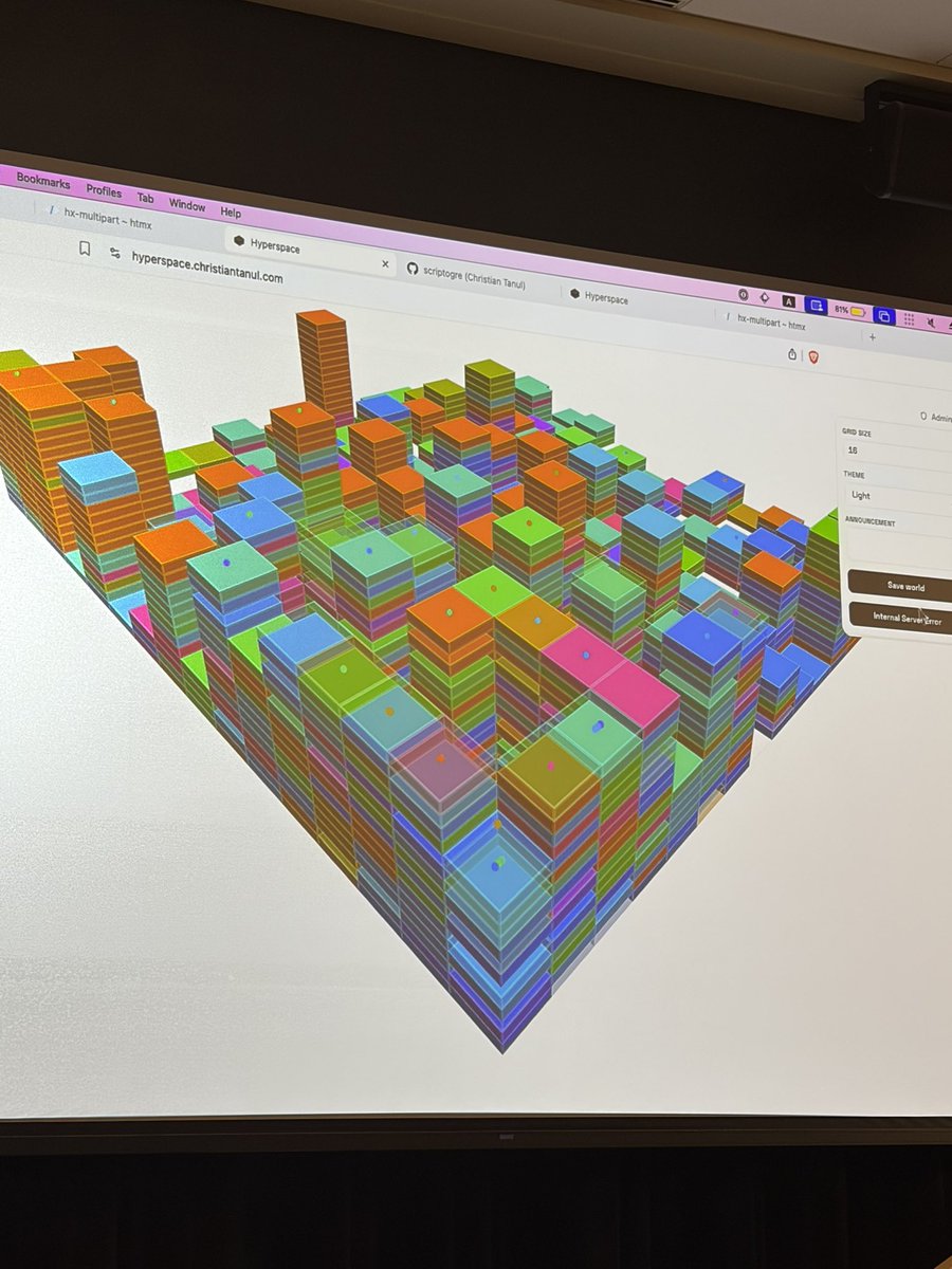 AdamRackis's tweet photo. Watching an incredibly cool demo of a real-time, multi-player app that uses no web sockets, no SSE, and no JavaScript. 

Just some htmx, along with a content header nobody’s ever heard of from the 90’s

@scriptogre is next-level https://t.co/VUEdi2hd4d