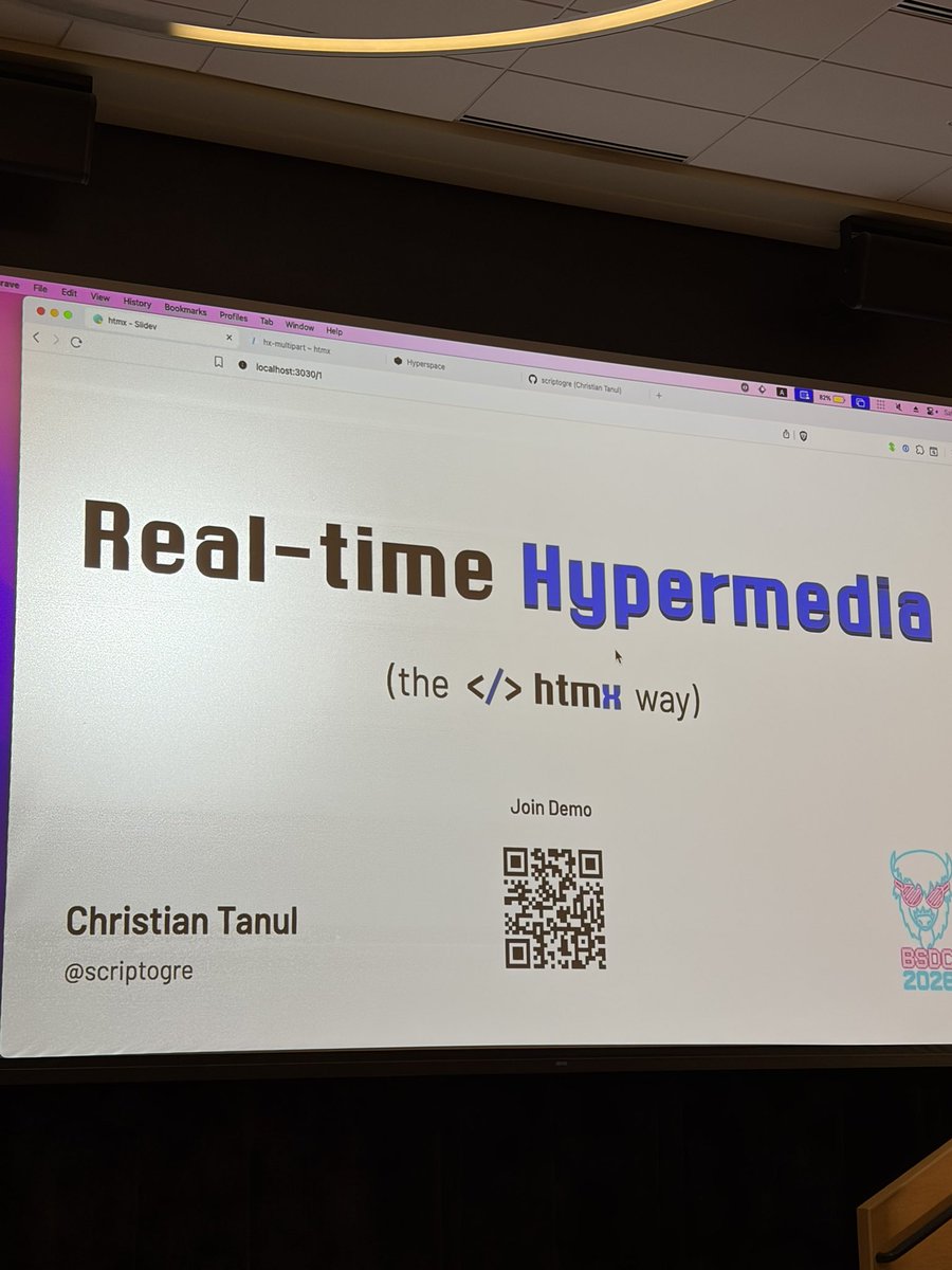 AdamRackis's tweet photo. Watching an incredibly cool demo of a real-time, multi-player app that uses no web sockets, no SSE, and no JavaScript. 

Just some htmx, along with a content header nobody’s ever heard of from the 90’s

@scriptogre is next-level https://t.co/VUEdi2hd4d
