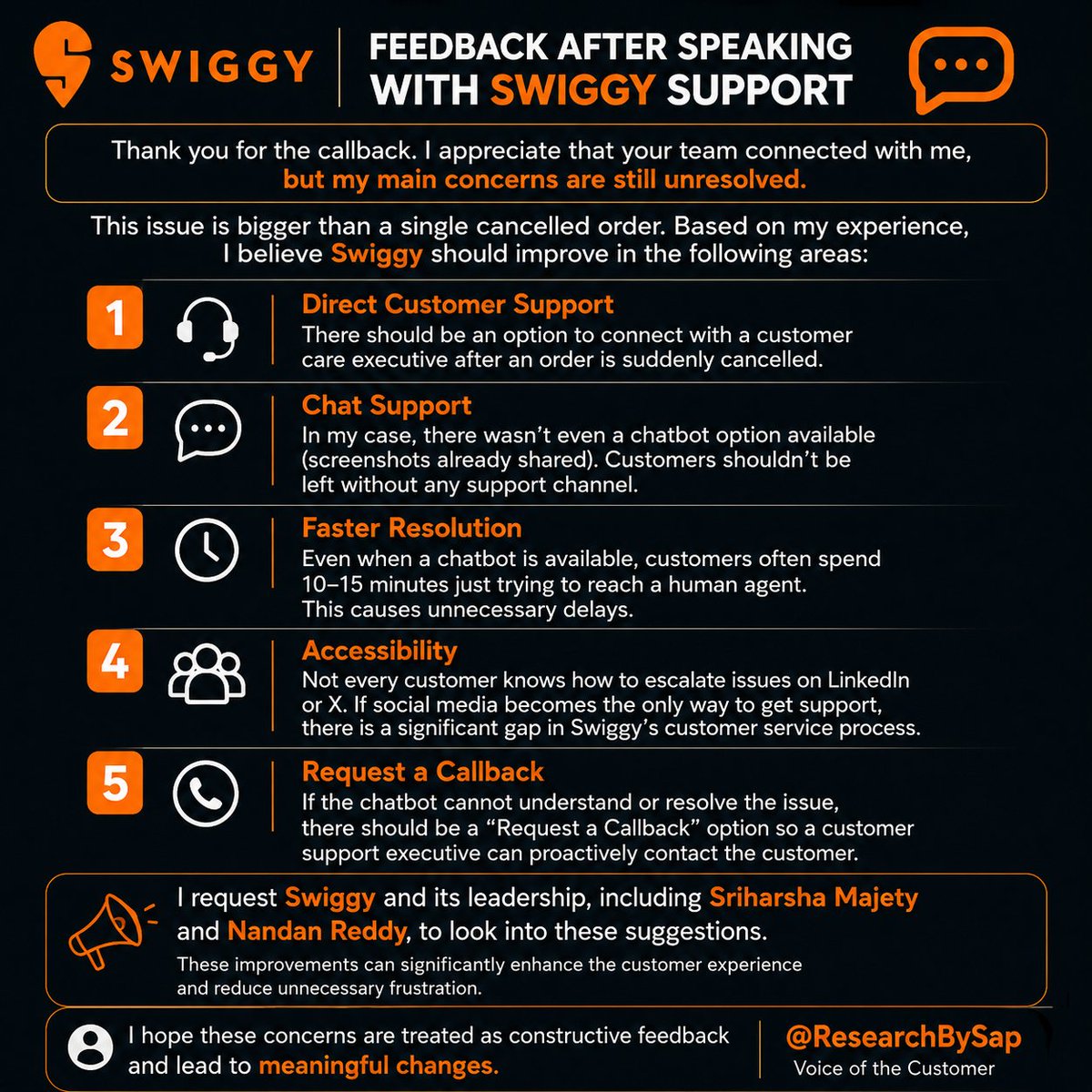 ResearchBySap's tweet photo. After two consecutive days of poor service, here's my constructive feedback for @Swiggy .

Customers shouldn't have to rely on social media just to get support.

Hoping @harshamjty  &amp; @nandanreddy  take note and improve the customer experience.
— @ResearchBySap https://t.co/mRU6O2szto