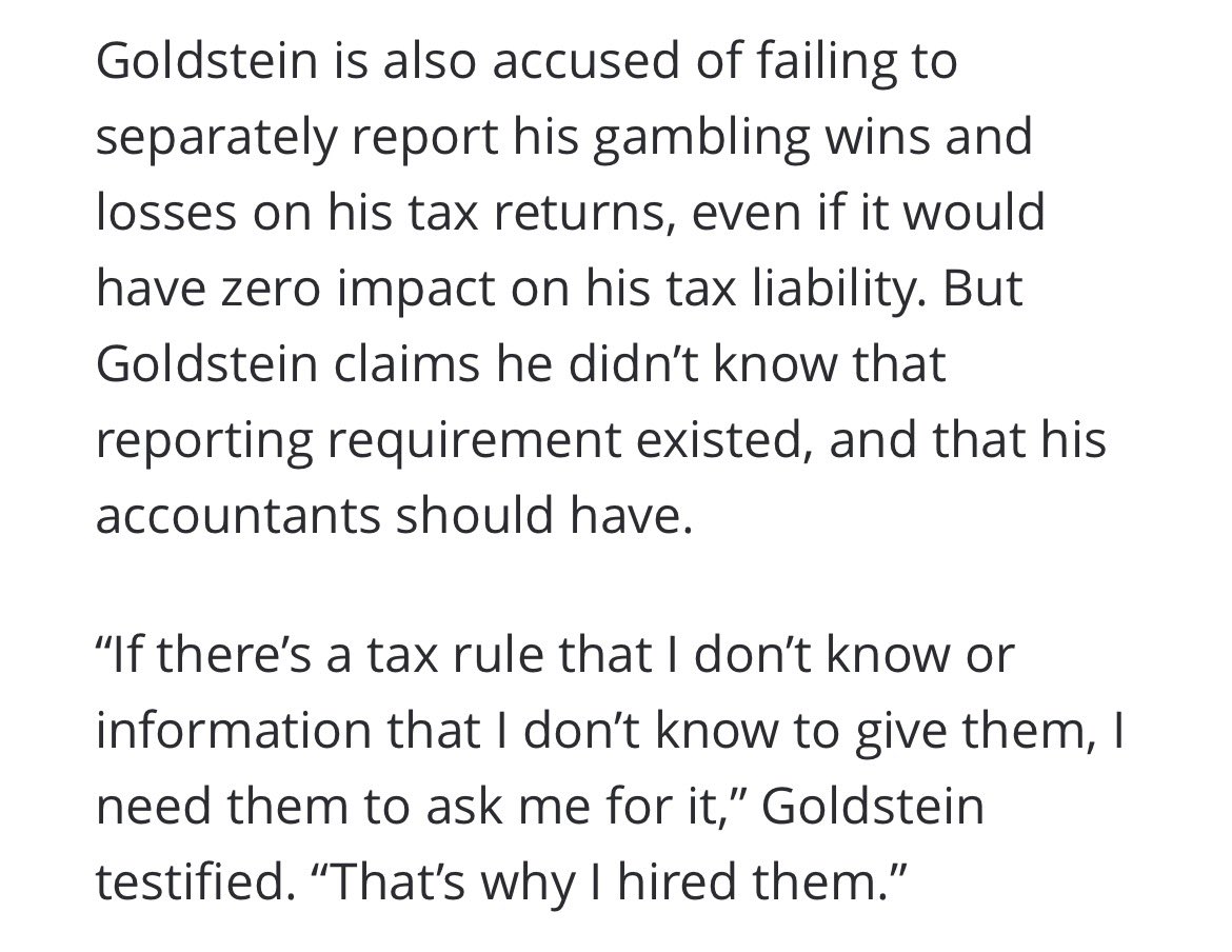 bachandler27's tweet photo. Interesting part of the criminal case against Tom Goldstein. While his conviction was based on a lot more than this, I found this allegation of evasion incredible and points to the reality that high stakes gambling is basically incompatible with a 100% tax compliance. https://t.co/JcJsu0bUrZ