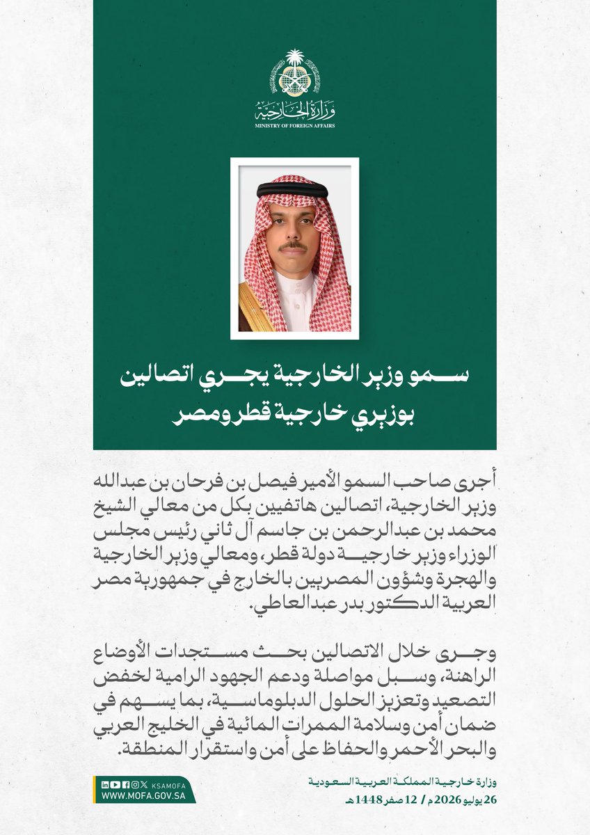 KSAMOFA's tweet photo. سمو وزير الخارجية الأمير #فيصل_بن_فرحان @FaisalbinFarhan يجري اتصالين هاتفيين بكل من معالي الشيخ محمد بن عبدالرحمن بن جاسم آل ثاني رئيس مجلس الوزراء وزير خارجية دولة قطر، ومعالي وزير الخارجية والهجرة وشؤون المصريين بالخارج في جمهورية مصر العربية الدكتور بدر عبدالعاطي. https://t.co/gnKjNCyVh1