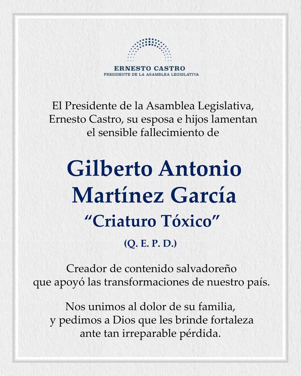 ECastroES's tweet photo. Lamentamos el fallecimiento del creador de contenido Gilberto Martínez, conocido como “Criaturo Tóxico”, y pedimos a Dios fortaleza para sus seres queridos. https://t.co/AFeIswIlSd