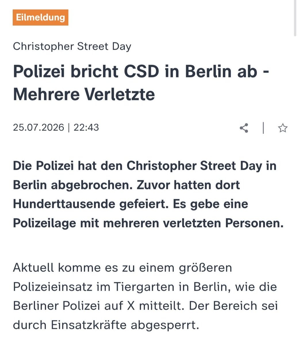 OezlemADemirel's tweet photo. Meine Gedanken sind bei den Menschen auf dem CSD Berlin. Mein Mitgefühl gilt den Opfern und ihren Angehörigen. Den Verletzten wünsche ich eine schnelle Genesung. Mein Dank gilt den Einsatzkräften.

Der CSD war, ist und bleibt ein Zeichen für Stolz, Vielfalt und Zusammenhalt. https://t.co/3jWTb8SIxr