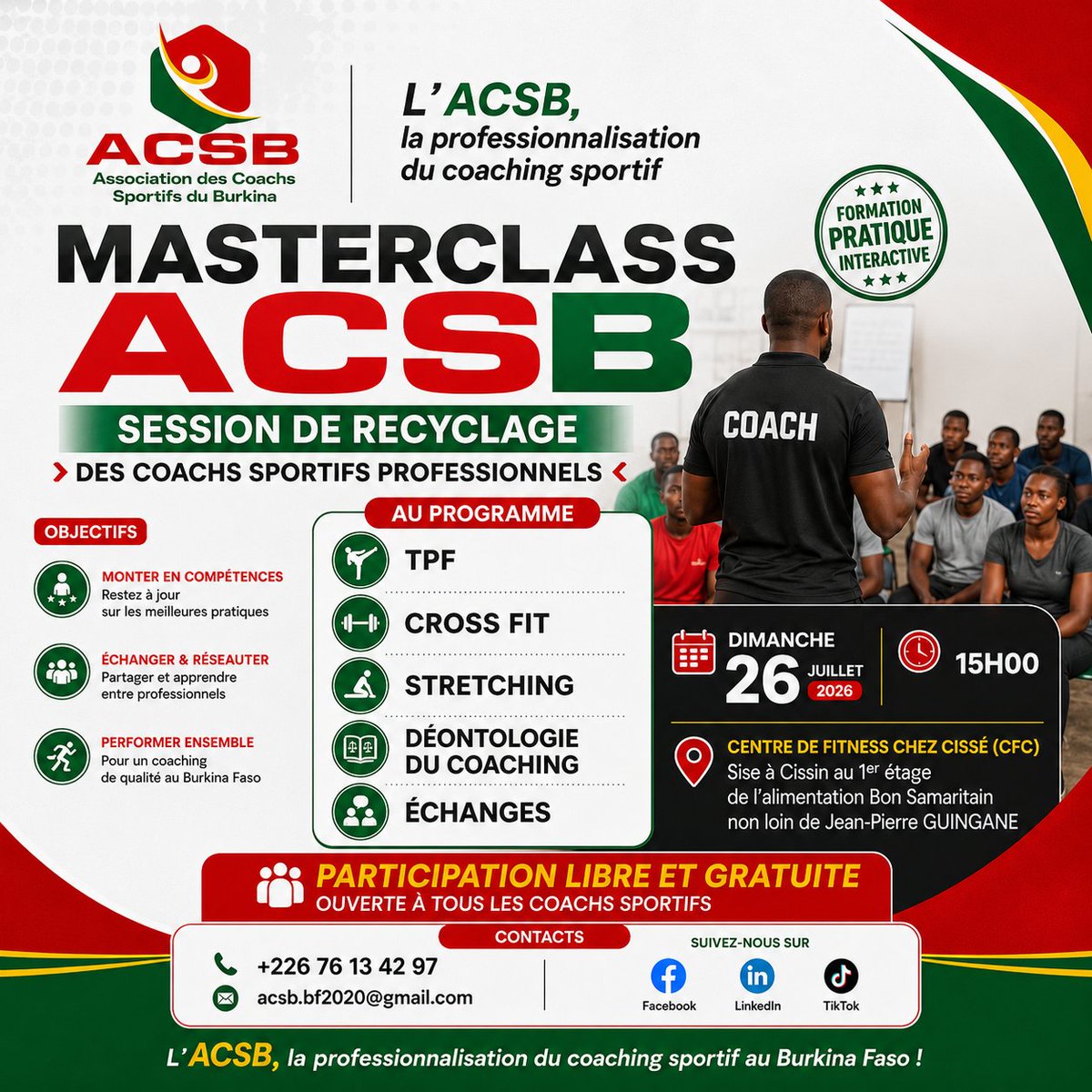 zarafilou's tweet photo. L'Association des Coachs Sportifs du Burkina (ACSB) informe l'ensemble des coachs sportifs et des passionnés de sport du Masterclass ACSB - Session de recyclage des coachs sportifs professionnels
Participation gratuite et ouverte à tous les coachs sportifs
#ACSB #CrossFit #TPF https://t.co/abULHpee6d