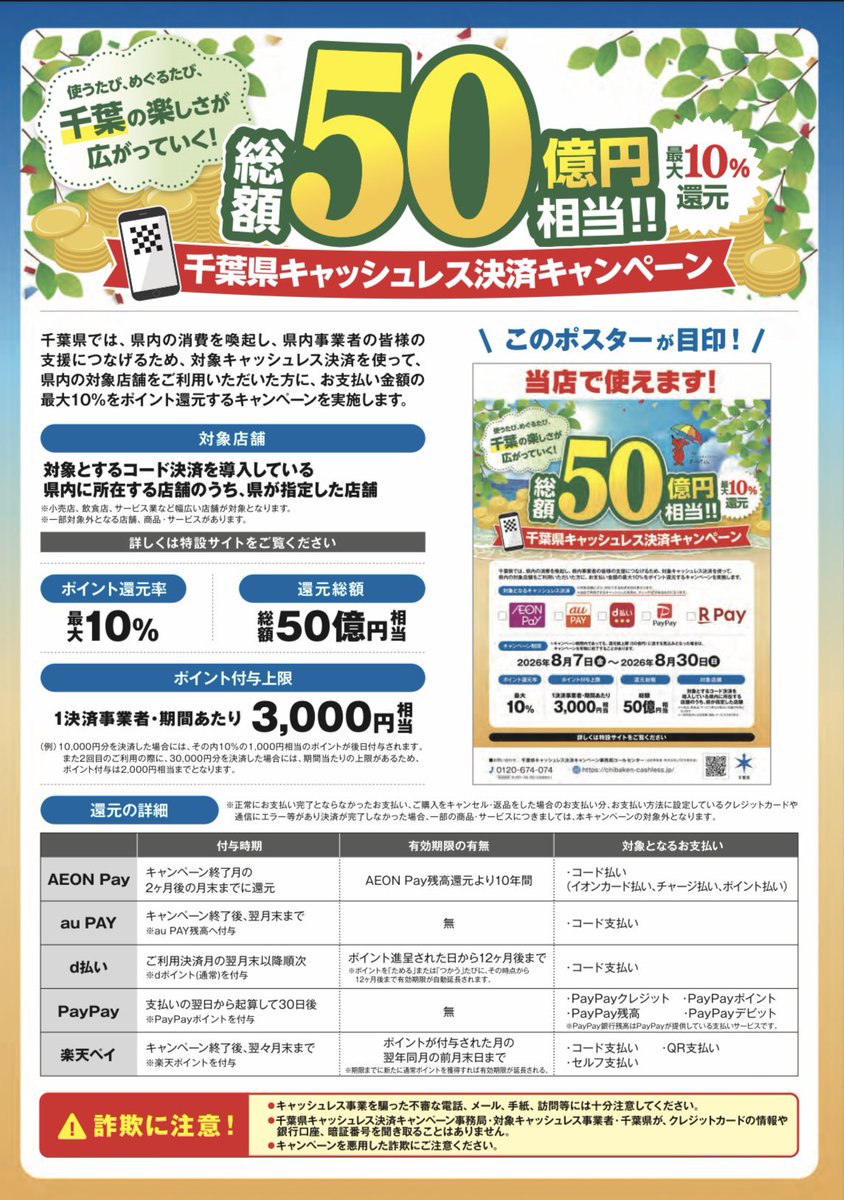 MasamitsuTakeda's tweet photo. 千葉県からお知らせです。
#千葉県キャッシュレス決済キャンペーン https://t.co/D7DP6oRcUb