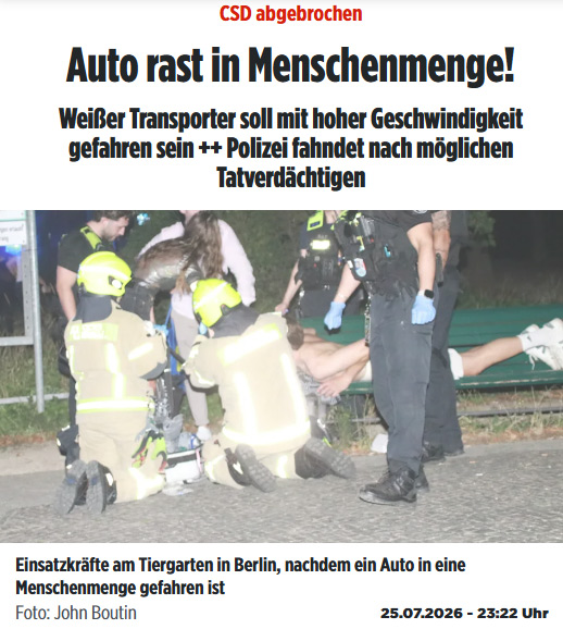 ZentraleV's tweet photo. Amokfahrt in Berlin, Christopher Street Day abgebrochen: Ein „weißer Transporter soll mit hoher Geschwindigkeit…gegen 22Uhr am Tiergarten in eine Menschenmenge…gefahren sein. Leitstelle löst Massenanfall an Verletzten aus… Polizei fahndet nach Fahrer.“https://t.co/kCgLW7legS https://t.co/qCnkBIan8u
