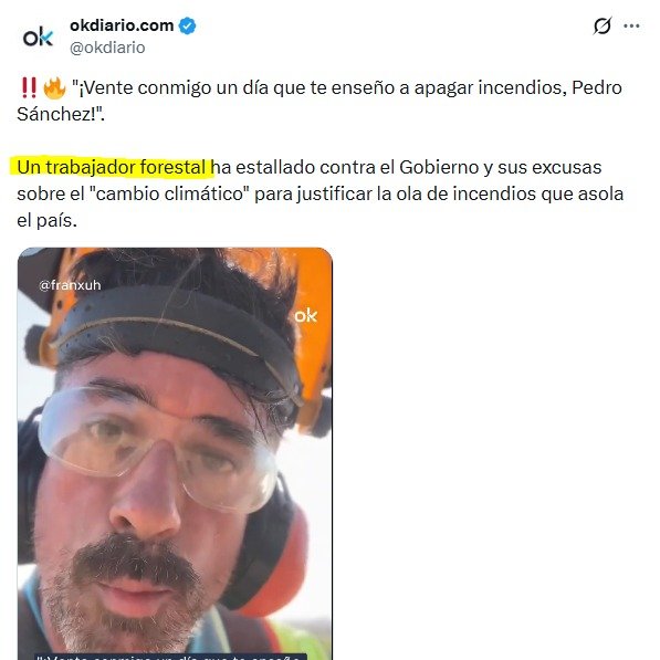 JulianMaciasT's tweet photo. OkDiario difunde un vídeo de un youtuber de ultraderecha asegurando que es un trabajador forestal estallando contra el gobierno.
Siempre hay que recordar que esta basura digital la financiamos con nuestros impuestos. https://t.co/Dnx4RKMUcB