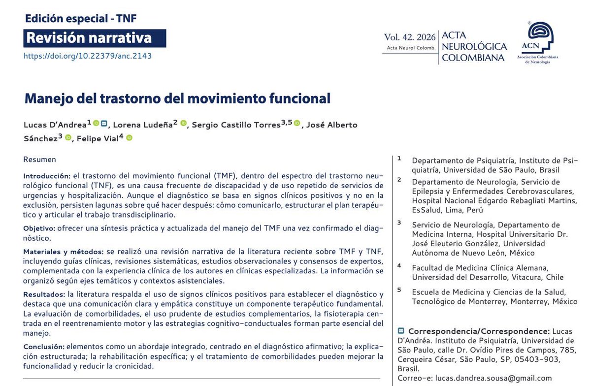 d_s_marin's tweet photo. D’Andrea y cols. han hecho una revisión sobre el paso a paso para el manejo de los trastornos del movimiento funcional. Desde la comunicación del diagnóstico hasta la adaptación del tratamiento. 

Edición especial en TNF
@RevistaANC #FND #TNF 
https://t.co/OuGhpTmAOf https://t.co/NiD1f8LA0X