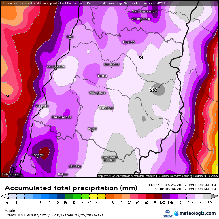 EdoWeatherman's tweet photo. PROYECCIÓN PRÓXIMA SEMANA. MUCHA LLUVIA EN CAMINO PARA LA ZONA CENTRAL Y SUR DE CHILE. 

La siguiente proyección se enfoca entre el 31 de julio y 4 de agosto, con información que he estado monitoreando hace varios días. Esto aún podría variar, pero los modelos muestran una tendencia que debe ser considerada.

Una serie de sistemas frontales, que se alimentarán por un río atmosférico, producirán lluvia, viento y probables tormentas eléctricas, en la zona central y sur. Por ahora el norte chico no recibiría estos eventos, excepto la parte sur de Coquimbo.

Lo preocupante se proyecta entre O'Higgins y Los Lagos, porque varios modelos señalan montos sobre 150-200 mm solo en esos 4 días y este tramo ya se encuentra saturado con el agua que ha caído y seguirá cayendo estos días. Como dato, la región del Maule entre hoy y el 4 de agosto, en los diversos eventos de lluvia, van a acumular más de 300-350 mm en distintos sectores. No hay suelo que resista esas cantidades.

Las regiones de Valparaíso y Metropolitana proyectan unos 60-80 mm como mínimo para las fechas mencionadas. Podría aumentar.

Respecto a Talca, está programada una festividad para el próximo fin de semana, yo le recomendaría a las autoridades suspenderla, ya que se proyectan condiciones de temporal esos días y mucha gente que invierte en tal actividad no vería ganancias, además es probable que tengamos situaciones complicadas que enfrentar.

Por último, algunos comentan que el anticiclón se fortalecerá en agosto o que ya no lloverá, yo les digo que están más que equivocados. Se proyecta que hasta primavera las lluvias nos acompañen.

Estaré actualizando esta proyección y recuerde que siempre puede haber variaciones.