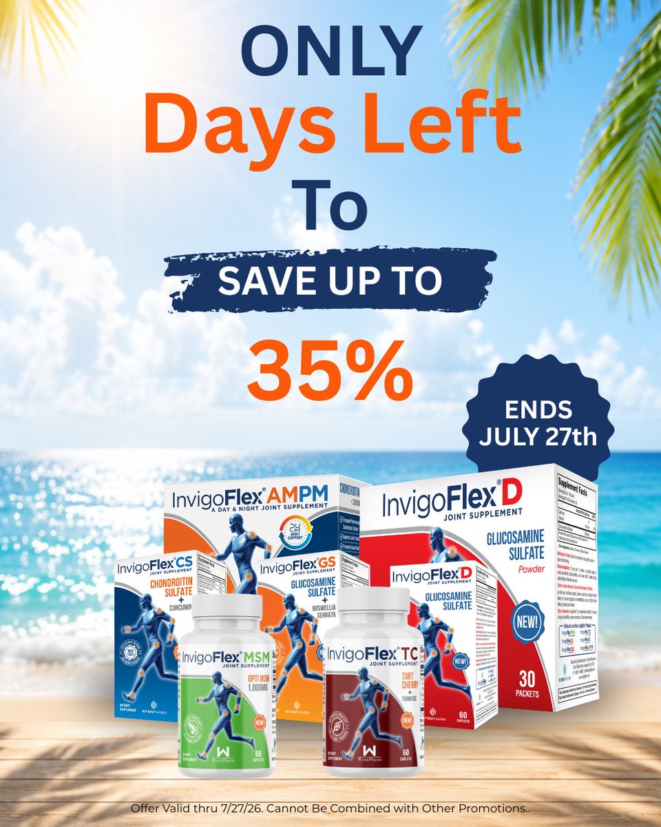 InvigoFlex's tweet photo. ⏰ Only a few days left!

Save up to 35% on InvigoFlex® joint support products before the July 27 deadline.

✅ Automatic discounts
✅ Free shipping on qualifying orders

#InvigoFlex #SummerSale https://t.co/2hq87z4UJW