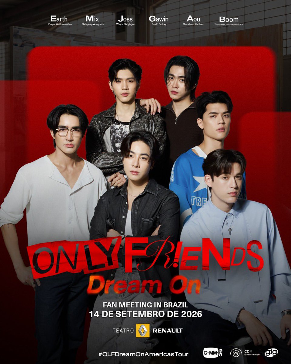 gigmusicoficial's tweet photo. O sonho continua… e agora é a vez do Brasil! 🇧🇷❤️

São Paulo será palco de um encontro inesquecível com EarthMix, JossGawin e AouBoom em Only Friends: Dream On.

DATA: 14 de Setembro de 2026 (SEG)
LOCAL: Teatro Renault 
HORÁRIO: 20h

INGRESSOS
DREAM
Foto 6:6 + Soundcheck + Hi Touch + Pôster autografado + Credencial + Entrada antecipada 
INTEIRA: R$ 1.890,00
SOLIDÁRIA: R$ 1.190,00
MEIA: R$ 945,00

DESIRE
Foto 6:10 + Soundcheck + Hi Touch + Credencial + Entrada antecipada
INTEIRA: R$ 1.680,00
SOLIDÁRIA: R$ 990,00
MEIA: R$ 840,00

OBSESSION
Hi Touch
INTEIRA: R$ 780,00
SOLIDÁRIA: R$ 490,00
MEIA: R$ 390,00

CAMAROTE
INTEIRA: R$ 590,00
SOLIDÁRIA: R$ 350,00
MEIA: R$ 295,00

POLTRONA
INTEIRA: R$ 360,00
SOLIDÁRIA: R$ 250,00
MEIA: R$ 180,00

ADD ONS (Benefícios Avulsos)
*Não inclui ingresso para o show

FOTO INDIVIDUAL - Fã + 6 Artistas: R$ 500,00
FOTO INDIVIDUAL - Fã + Dupla: R$ 400,00
PÔSTER AUTOGRAFADO: R$ 200,00
HI TOUCH: R$ 300,00
FANSIGN (Sign and Go): R$ 300,00

INGRESSOS A VENDA À PARTIR DE 30 DE JULHO ÀS 13H
🔗 Venda Online: https://t.co/YKotIDQXJi

MEIA ENTRADA:
De acordo com a Lei Federal nº12.933/2013, 40% da carga de ingressos é destinada para acesso de estudantes, idosos, PCDs, professores da rede pública de São Paulo e jovens de baixa renda (ID Jovem).
*Obrigatório apresentar o comprovante de meia entrada na compra e entrada do evento.
*Ingresso solidário válido perante doação de 1KG de alimento não perecível na entrada do evento.

*As atividades e benefícios terão horários previamente estabelecidos que serão anunciados em nossas redes sociais dias antes do evento.

Evento com todos os assentos numerados e marcados.

#OLFDreamOnAmericasTour
#OLFDreamOnAmericasTourInBrazil
#EarthMix #JossGawin #AouBoom