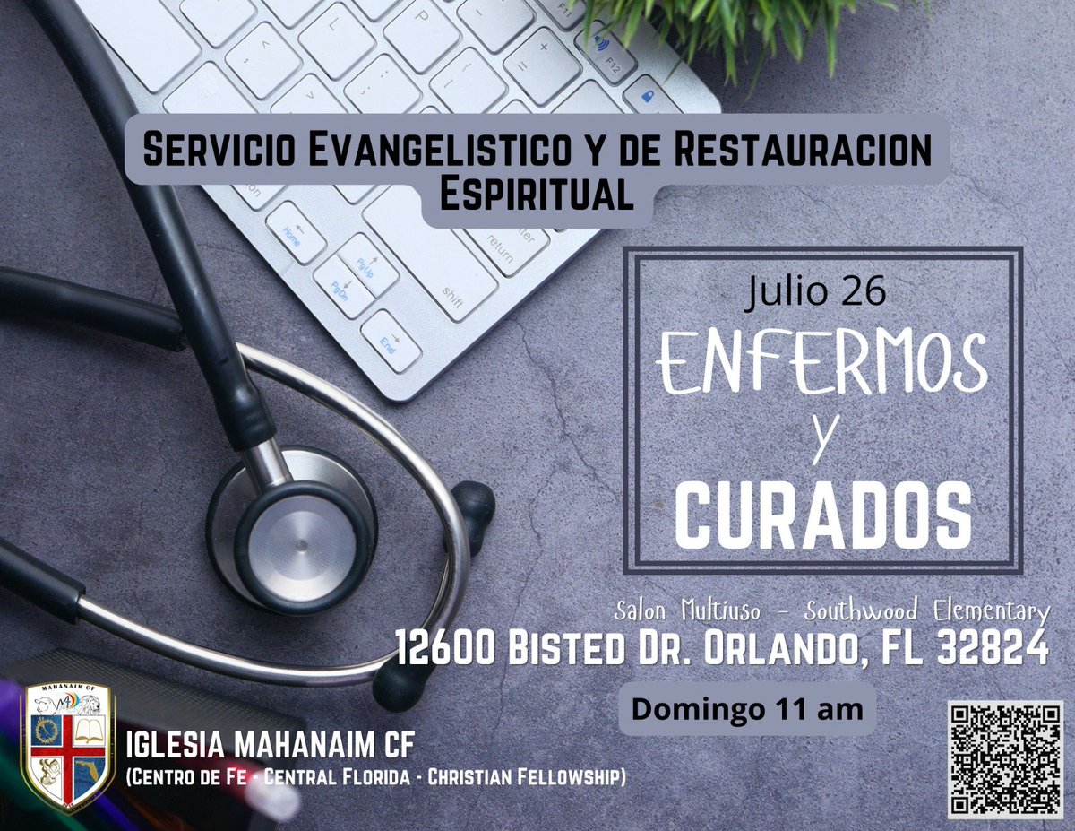 MahanaimCF's tweet photo. Dios bendiga.

Esta es una invitacion cordial a nuestro servicio evangelistico este domingo.

Enfermos y CURADOS - tema del mensaje.

Salon Multiuso - Southwood Elementary School
*12600 Bisted Dr. Orlando, FL 32824*

Iniciando a las 11 am.

Espero verle.

#MahanaimCF https://t.co/0N2lE6TP8y