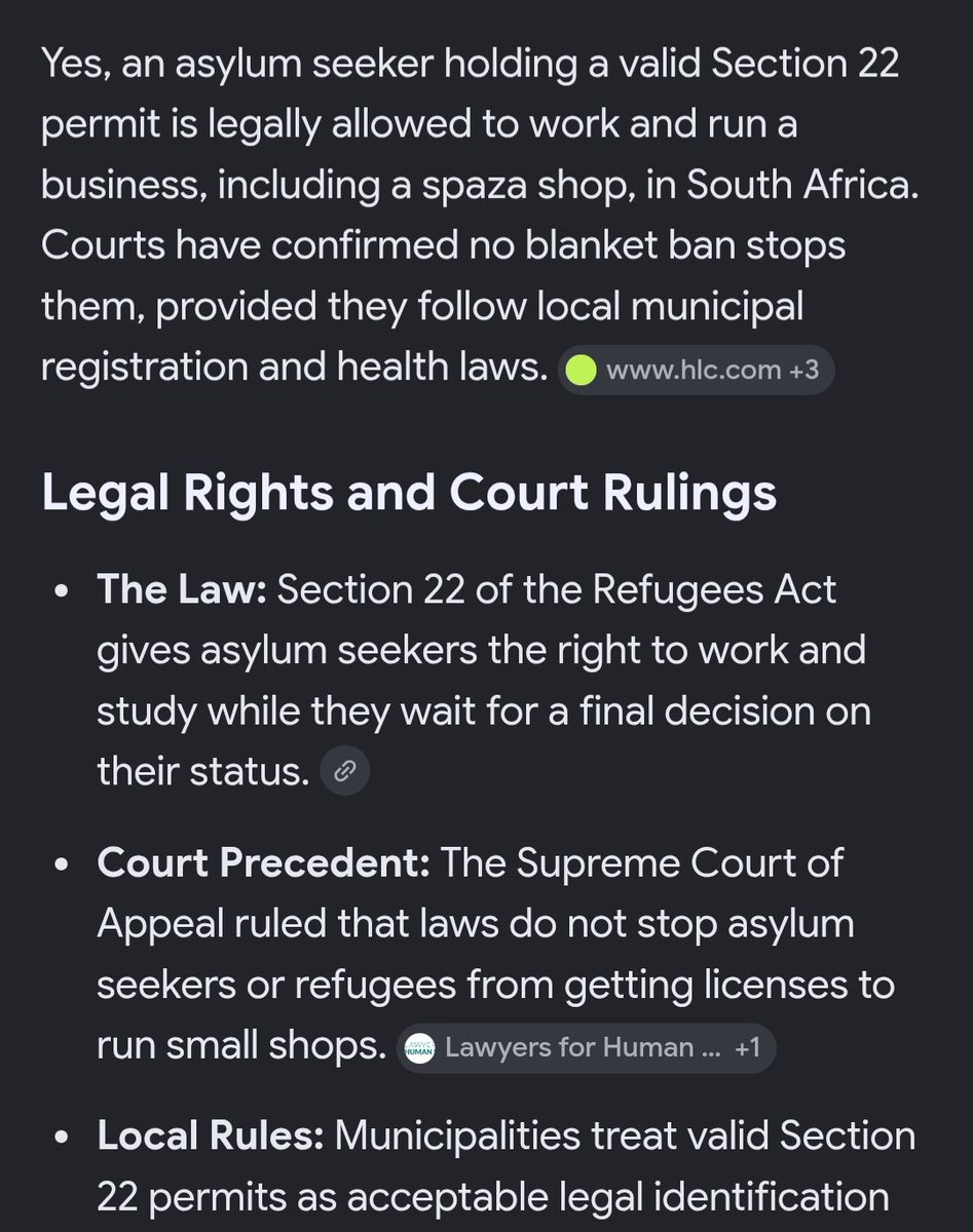 TimGeeM's tweet photo. @PhakelaMthakath Just a simple google🤭.Sometimes l wonder if people choose to ignore the law or they are just too lazy to educate themselves. So an asylum seeker shouldn't get SA jobs and shouldn't open a shop. So they should become criminals?How do they survive?🤔 https://t.co/rJg2meJzGB