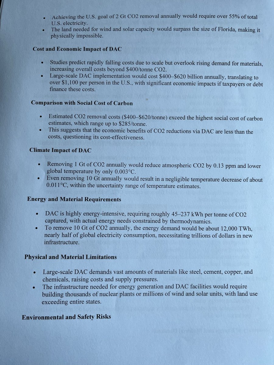 BkennedyBarbara's tweet photo. Carbon capture is sold on the basis that removing CO2 from the atmosphere will cool the temperature (if one is a true believer in an unproven theory).  The cover sheet of a recent study, and an AI generated summary tell the story that it is a colossal waste of $ and does absolutely didly squat  to change earths temp.  1GT of CO2 removed, at the best, might only change earth’s temp by 0.003C.  Canada produces about 700 MT CO2 annually (and our forests, grasslands, tundra, farmland, etc remove about 2X that from the atmosphere).  It requires massive amounts of electrical energy, which if generated by natural gas, as in Alberta, puts up to 60% of the CO2 back into the atmosphere.⬇️
