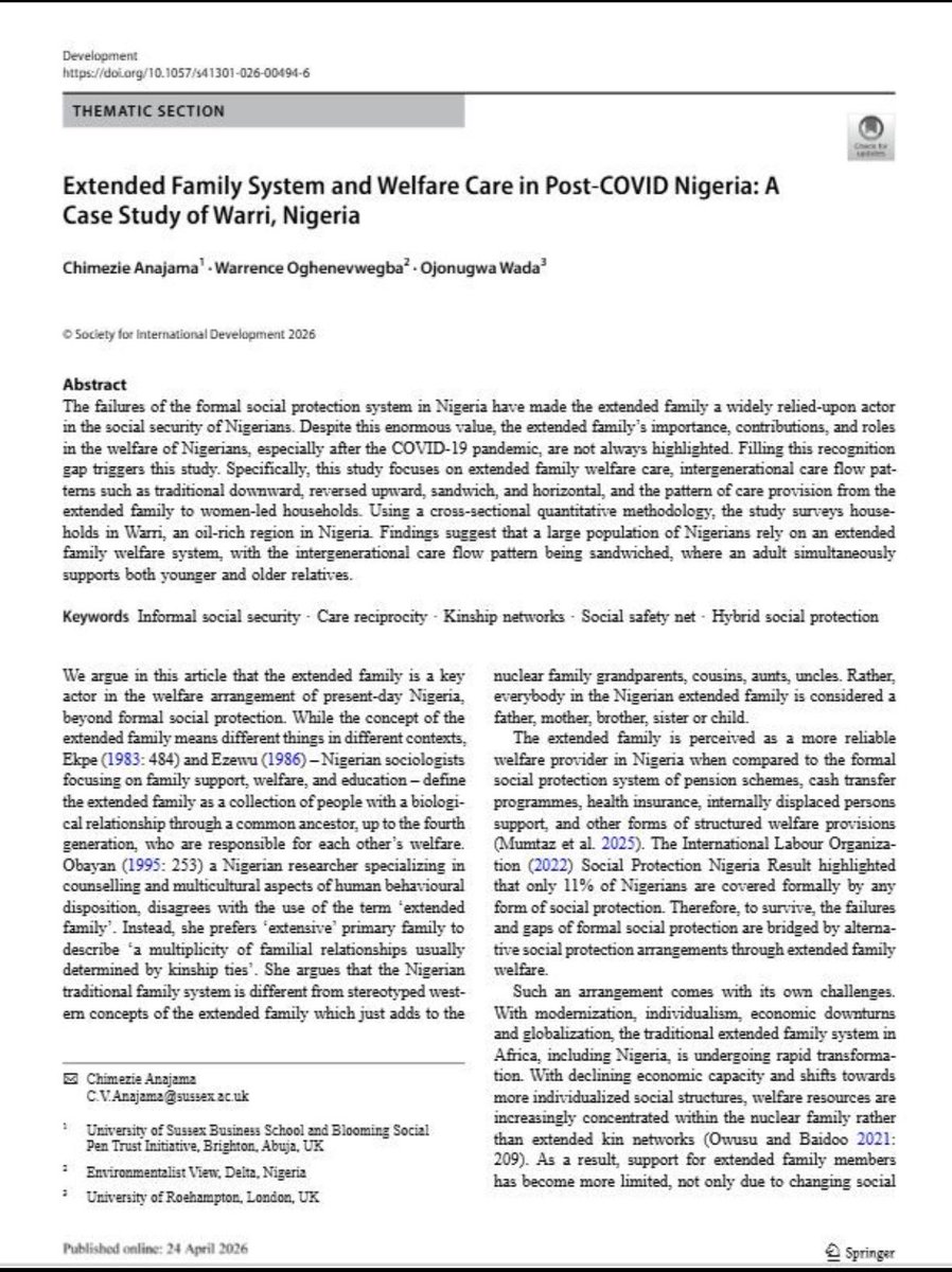 MsChimezie's tweet photo. You can read our latest journal article on Extended family system and Welfare care in post-COVID Nigeria: a case study of Warri. 

We conducted a household survey. Interesting insights 

https://t.co/onYsxYuAqQ (open access) https://t.co/KbNdSqhy8Z
