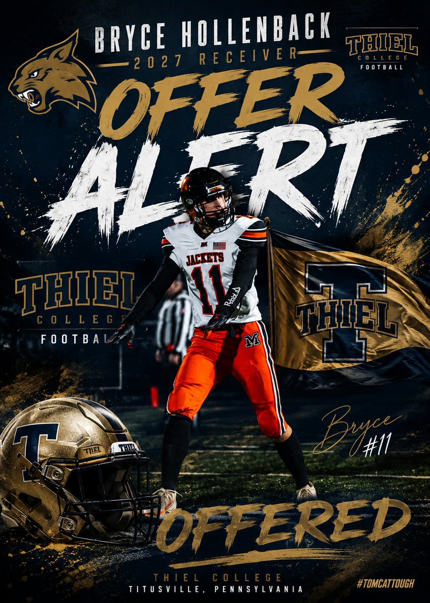 2027Hollenback's tweet photo. After a campus visit yesterday and a solid camp today, I am grateful to recieve an offer from Thiel College. Thank you Coach Polis. @CoachPolis @mvjacketsfb @CoachWeb_ @Thiel_FB https://t.co/ZQz0NsS2Ng