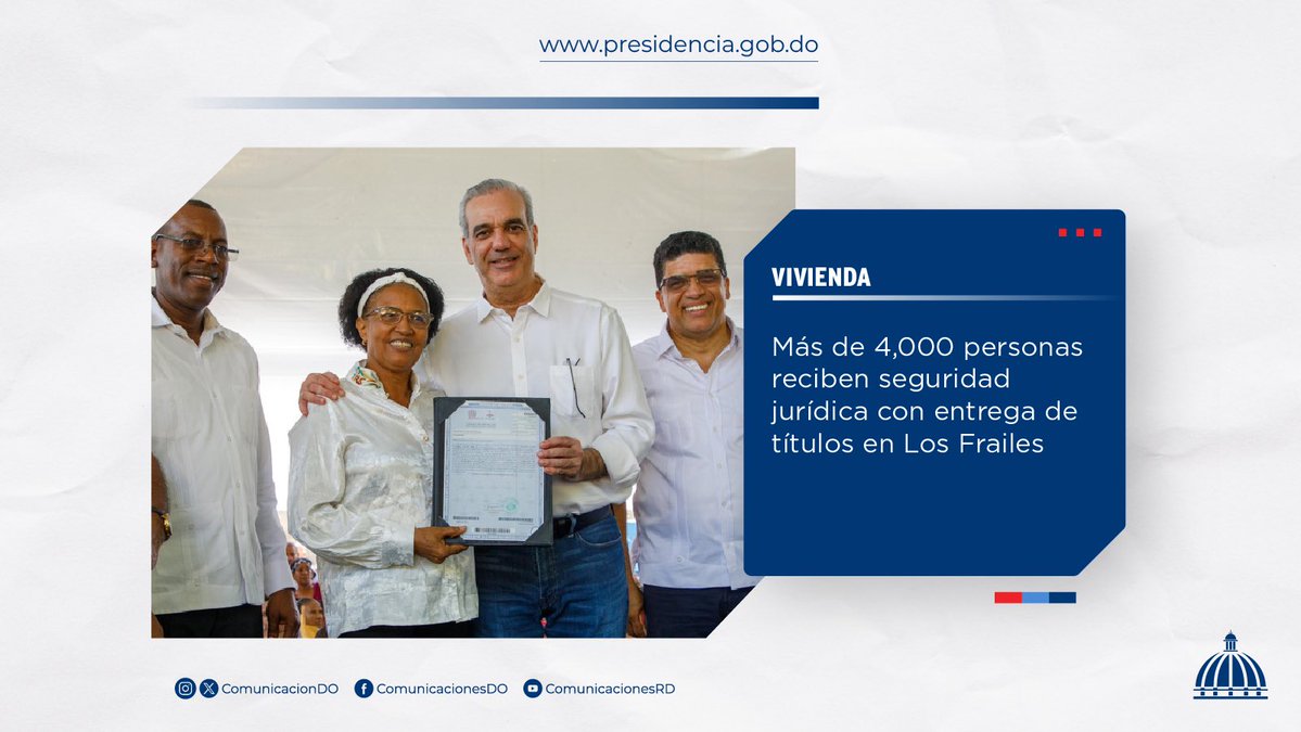 Comunicaciondo's tweet photo. El presidente @LuisAbinader entregó 1,000 títulos de propiedad en Los Frailes, beneficiando a más de 4,000 personas con seguridad jurídica sobre sus viviendas.

Más información 👉🏼 https://t.co/XzuUftiG1T

#Vivienda #ComunicacionesDO https://t.co/DFmSQxo3t2