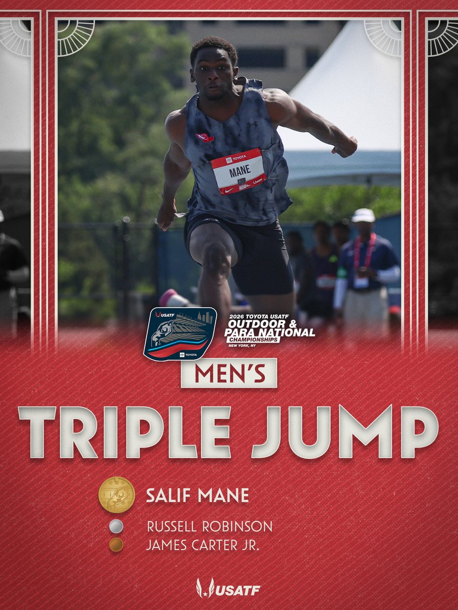 usatf's tweet photo. A title decided by centimeters 👀

Salif Mane’s final-round 16.66m (54-8) matched Russell Robinson’s best mark, but his 16.11m second-best jump proved enough to earn his first national title since 2024. 🇺🇲

#TeamUSATF | #USATFOutdoors https://t.co/iCq17owJAF