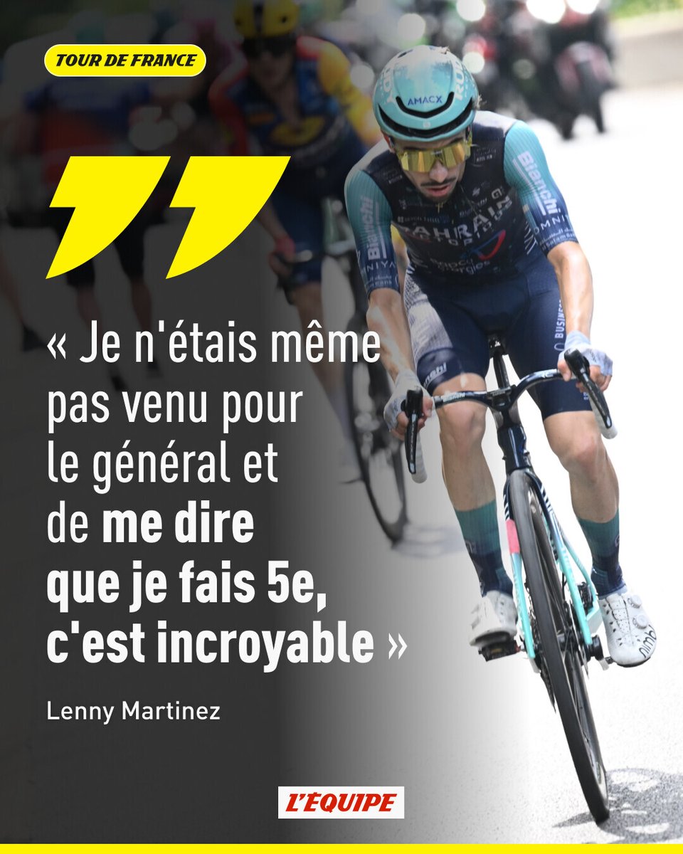 lequipe's tweet photo. Après s'être hissé dans le Top 5, vendredi, à la faveur d'une échappée, Lenny Martinez a su tenir son rang, samedi, pour valider sa 5e place sur le Tour de France. > https://t.co/37M0P8GzKI https://t.co/gAR6ikmqK8