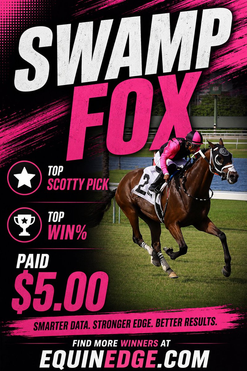 EquinEdge's tweet photo. Two top signals. One winning result at #GulfstreamPark. 🏇
Swamp Fox
⭐ Top Scotty Pick
📊 Top Win%
💵 $5.00 payoff
Discover more at https://t.co/vhFuEsF0WI https://t.co/23BJGXQWb9