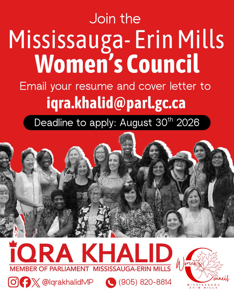 iamIqraKhalid's tweet photo. Applications are open! 
We are looking for women from all walks of life who want to give their perspectives on issues and concerns in their communities, from mental health to career readiness. 
If you want to apply, send your resume and cover letter to iqra.khalid@parl.gc.ca. 
Applications will close on August 30th.