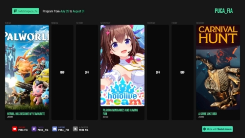 Puca_fia's tweet photo. This weeks schedule
Sunday: Palworld
Wednesday: Hololive Dreams/Holodori
Saturday: Carnival Hunt https://t.co/lJuYjOptsg