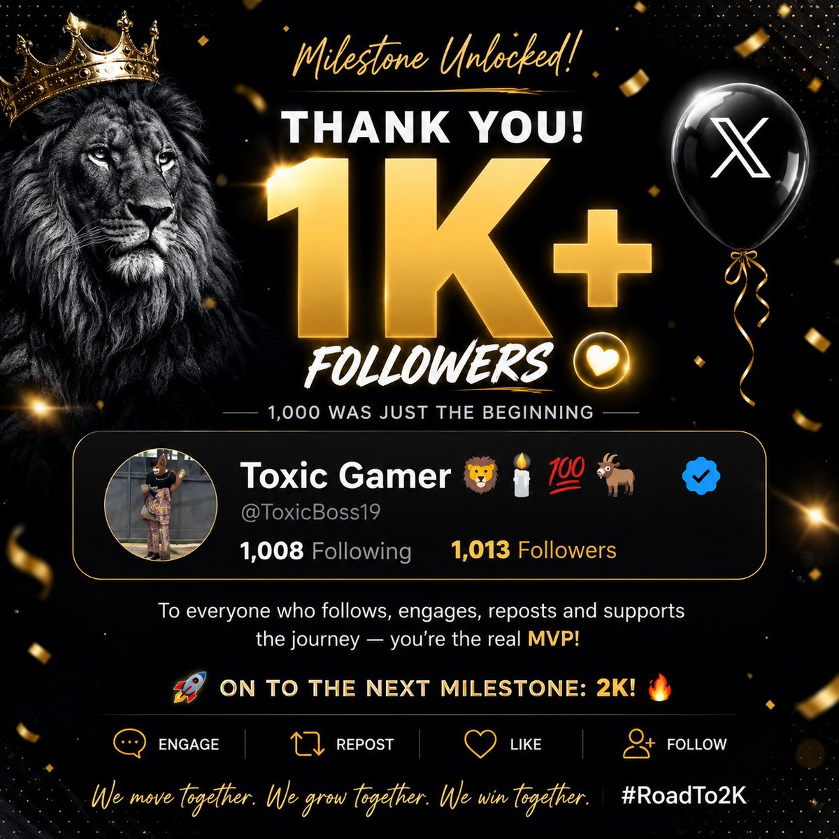 ToxicBoss33's tweet photo. 1K+ strong! 🦁🔥
1,000 followers was just the beginning—now we're 1,013 and growing every day. Thank you to everyone who's followed, engaged, reposted, and supported the journey. On to the next milestone: 2K! 🚀💙 #XGrowth #RoadTo2K https://t.co/xNysDCbtT7