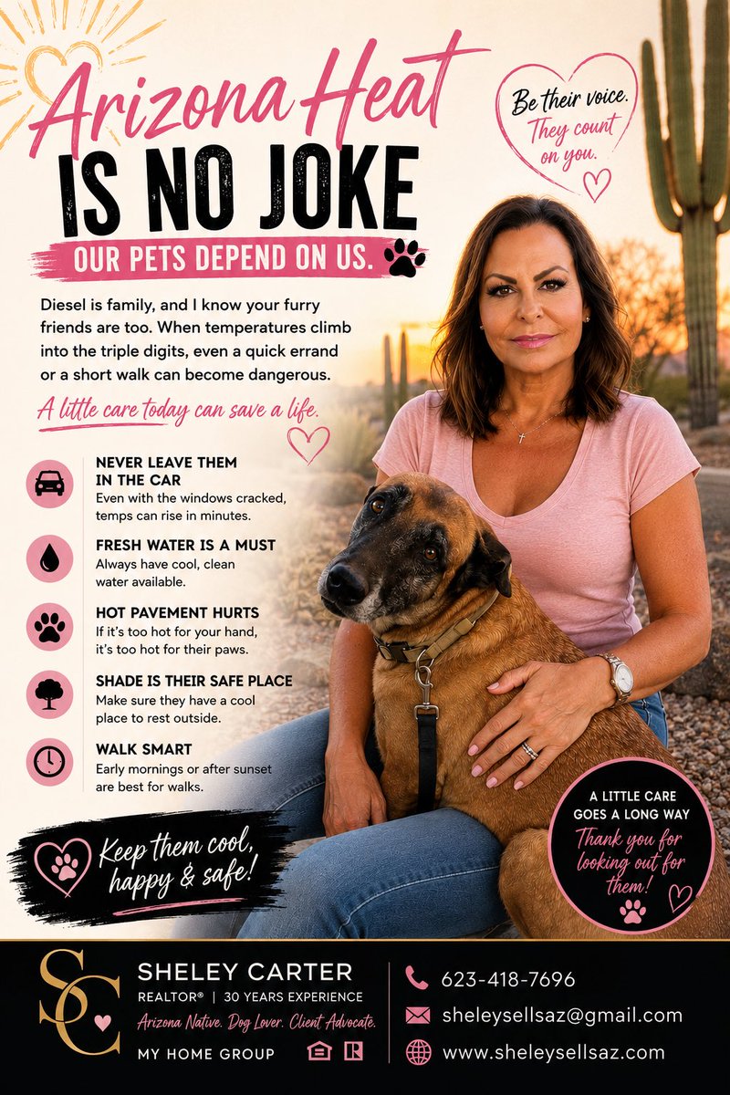 Sheleysellsaz's tweet photo. ☀️AZ heat can be brutal!Please remember:
🐾 Never leave your pet in a parked car.
💧 Keep plenty of fresh, cool water available.
🌳 Make sure they always have access to shade.
🔥 Test the pavement with the back of your hand—if it’s too hot for you, it’s too hot for their paws.
🌅 Save walks for early mornings or after the sun goes down.

A few extra minutes of care can save a life. Let’s look out for the four-legged members of our community this summer. ❤️

Stay safe, stay cool, and give your pets an extra hug from Diesel and me! 🐶