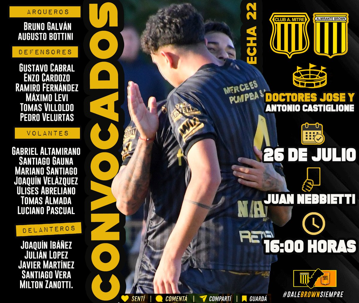 GiganteDelOeste's tweet photo. ⚽️ #Convocados | Andrés Montenegro citó a 20 profesionales para el encuentro del domingo en el estadio Doctores José y Antonio Castiglione.
➡️https://t.co/OcPZaa5aJu
@CLUBAMITRE 🆚 @Club_AlteBrown
#DaleBrownSiempre
#ClubAlmiranteBrown
#almirantebrown https://t.co/owPvlqaZGj