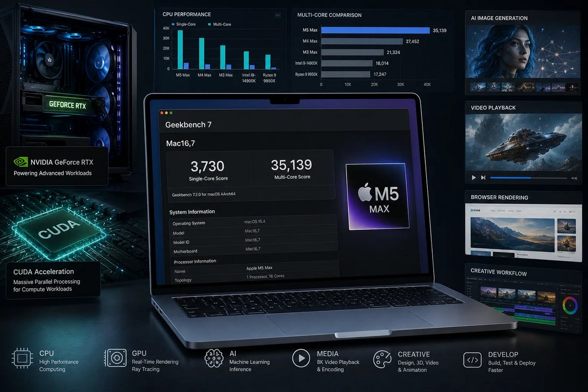 windowsforum's tweet photo. 🧪 Geekbench 7 resets the scoreboard and adds native CUDA testing. Apple’s M5 Max gets the early spotlight, but Windows PCs finally get a GPU benchmark speaking their language.
https://t.co/INNE2i4URB
#NvidiaCuda #Geekbench7 #AppleM5Max #WindowsBenchmarking https://t.co/0xGwy3dkfD